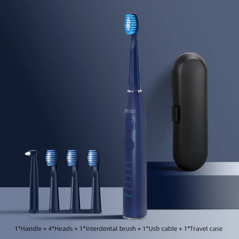 Electric Toothbrush USB Rechargeable Adult 360 Days Long Battery Life IPX7 4 Replacement Heads Travel Box SG-575
