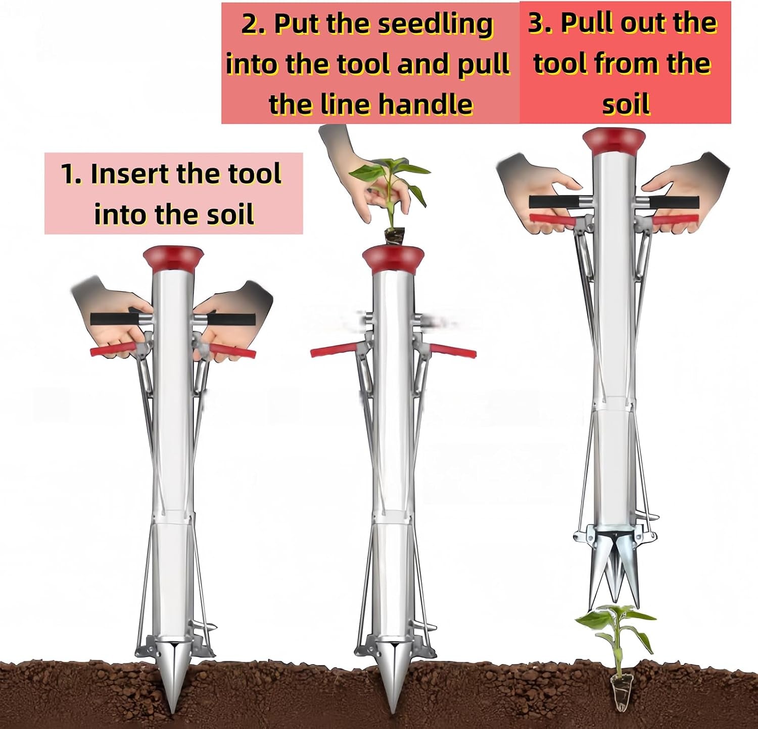 Seedling Transplanter Bulb Planter Tool Long Handle Double Handle Stainless Steel Seedling Transplant Tools Planting Garden Tool