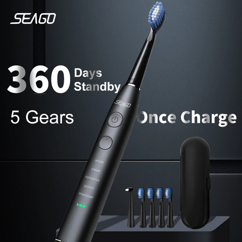 Electric Toothbrush USB Rechargeable Adult 360 Days Long Battery Life IPX7 4 Replacement Heads Travel Box SG-575