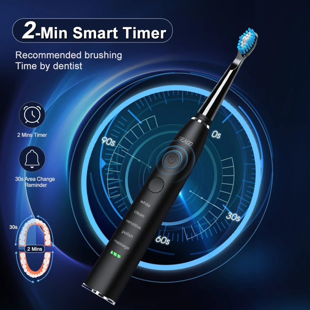 Electric Toothbrush USB Rechargeable Adult 360 Days Long Battery Life IPX7 4 Replacement Heads Travel Box SG-575