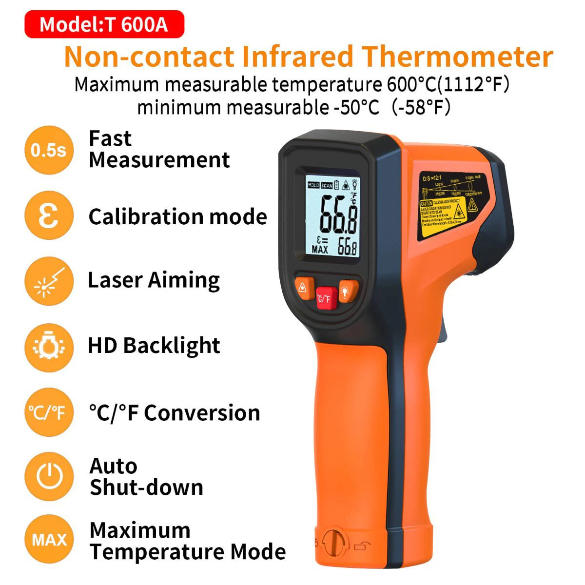 T600 Infrared Thermometer Handheld Heat Temperature for Cooking Tester Pizza Oven Grill & Engine - Laser Surface Temp Read