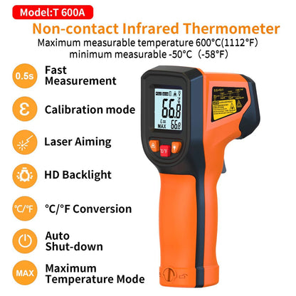 T600 Infrared Thermometer Handheld Heat Temperature for Cooking Tester Pizza Oven Grill & Engine - Laser Surface Temp Read