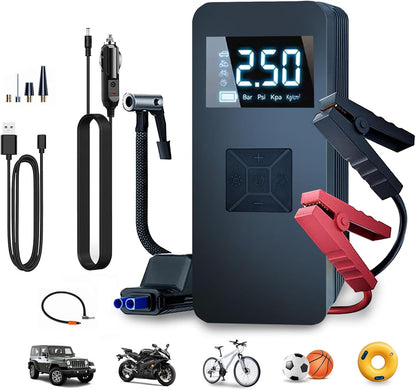 Jump Starter with Air Compressor,14.8V 8000A Peak Portable Car Battery Jump Starter Jump Box,150Psi Car Air Pump Tire Inflator Battery Charger with LED Light, LCD Display,Black