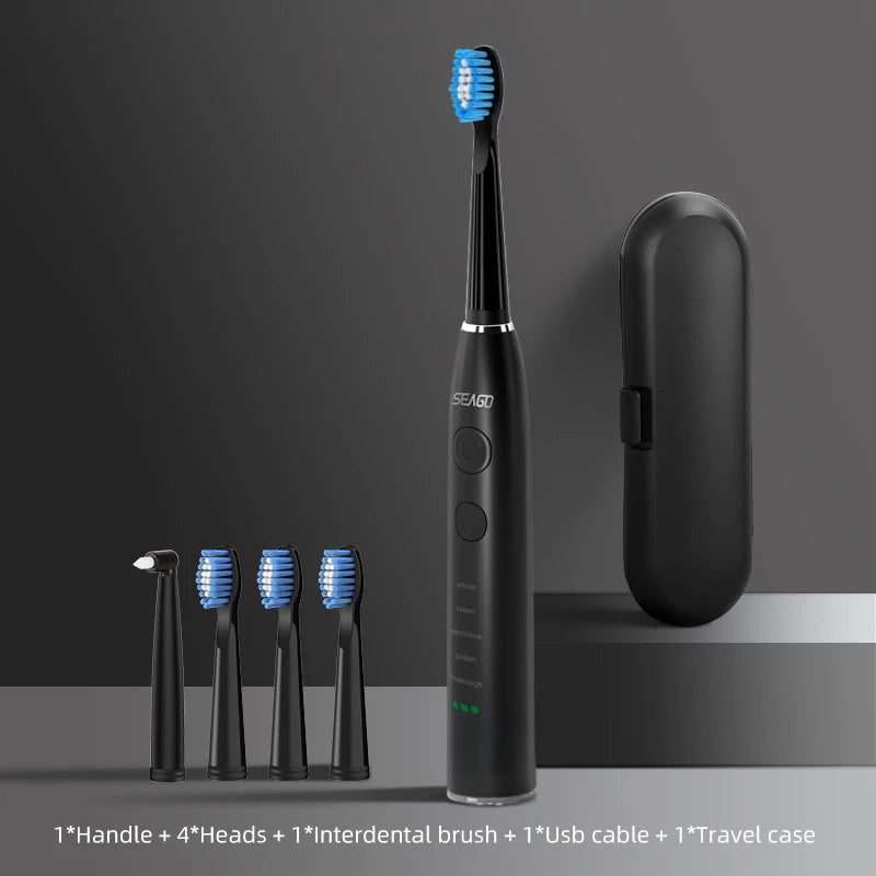 Electric Toothbrush USB Rechargeable Adult 360 Days Long Battery Life IPX7 4 Replacement Heads Travel Box SG-575