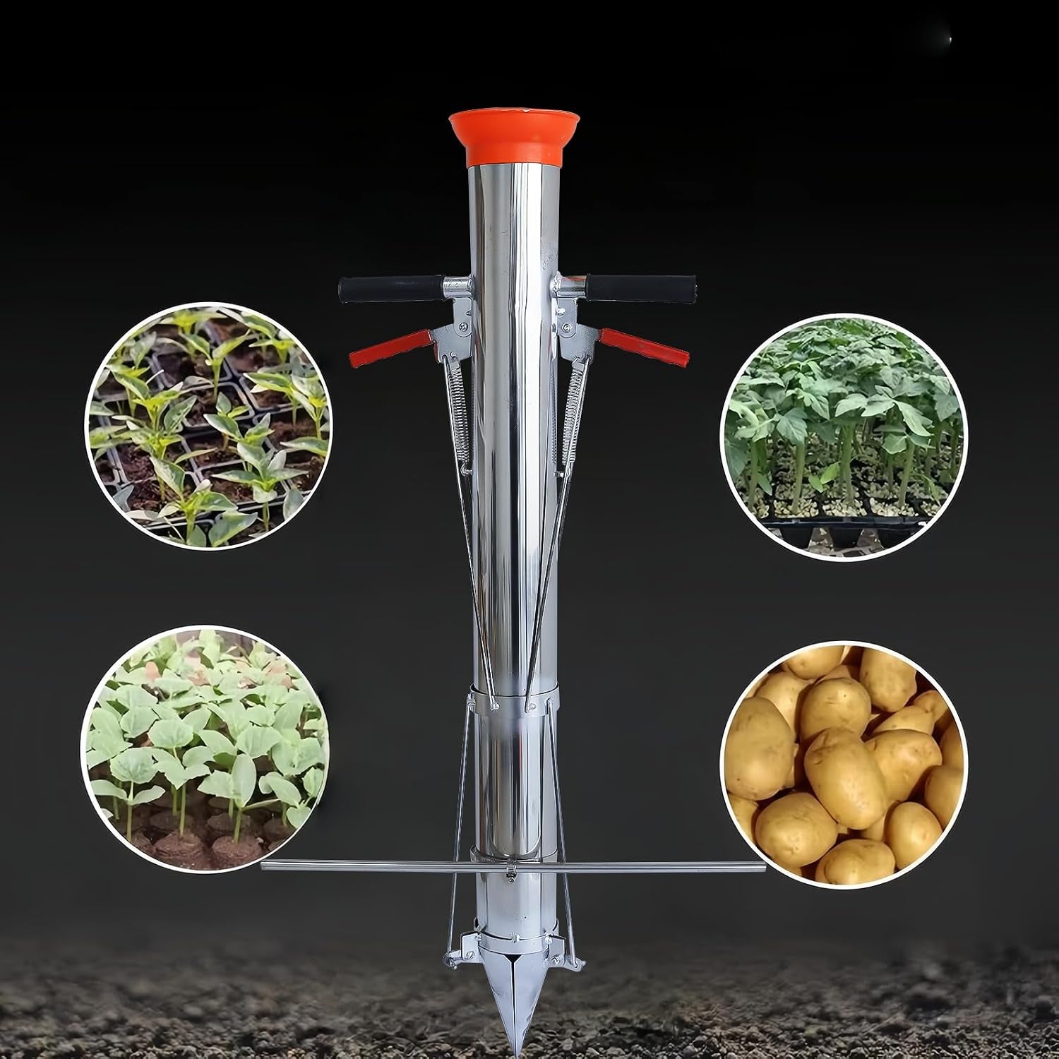 Seedling Transplanter Bulb Planter Tool Long Handle Double Handle Stainless Steel Seedling Transplant Tools Planting Garden Tool