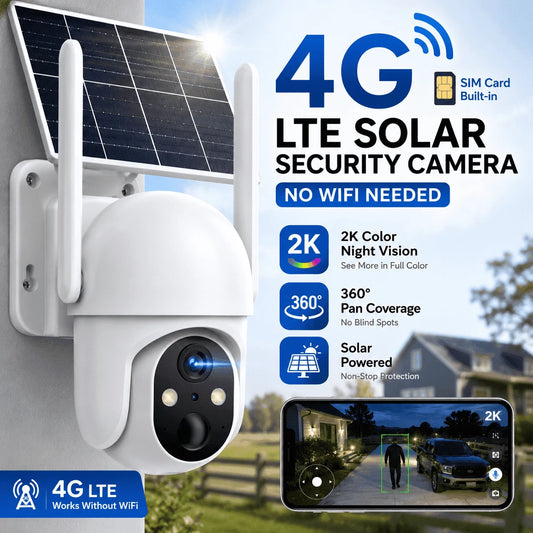 4G LTE Cellular Solar Security Camera Outdoor, 2K PTZ Wireless Security Camera with SIM Card, No Wifi Needed, AI Human Detection, Color Night Vision, 360° View