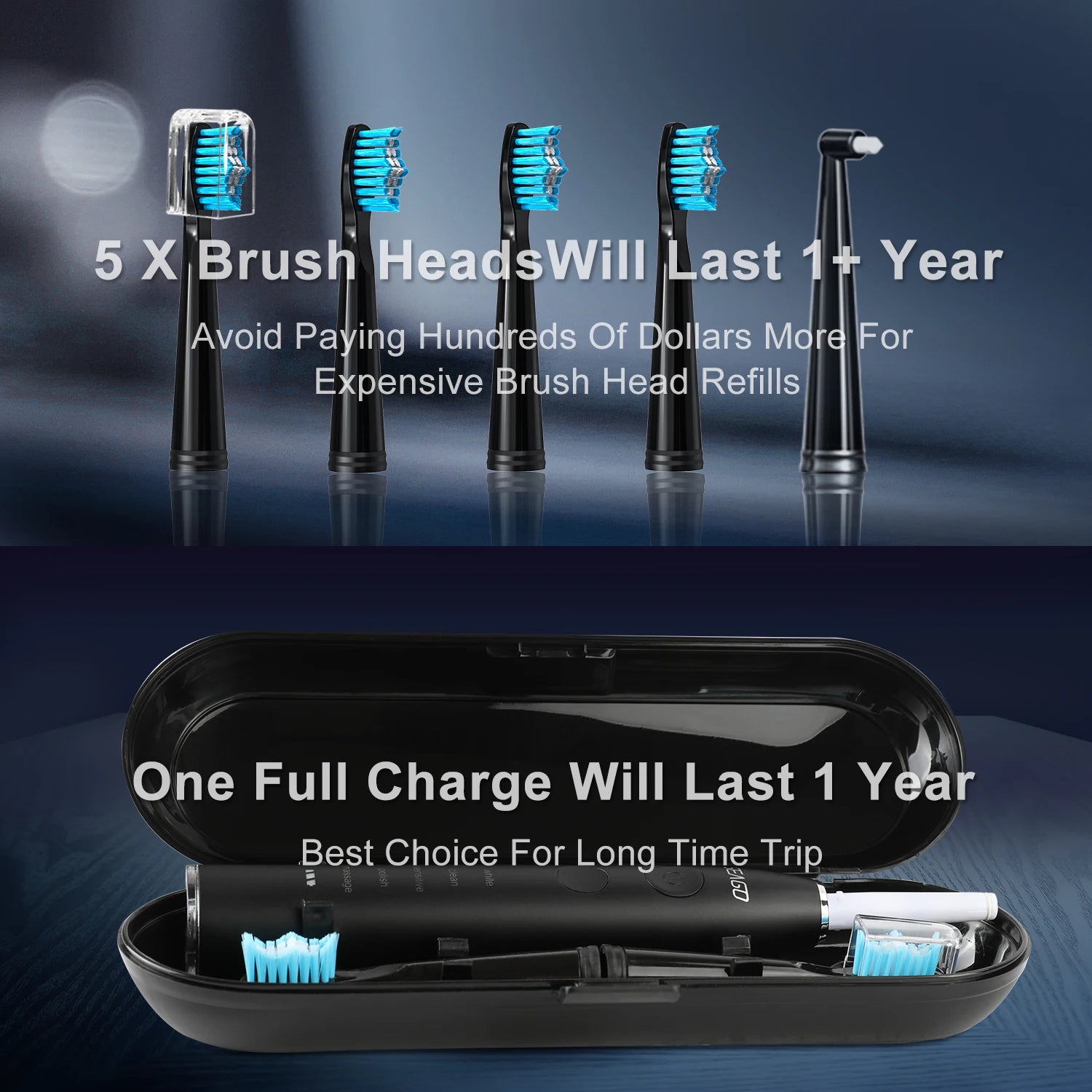 Electric Toothbrush USB Rechargeable Adult 360 Days Long Battery Life IPX7 4 Replacement Heads Travel Box SG-575