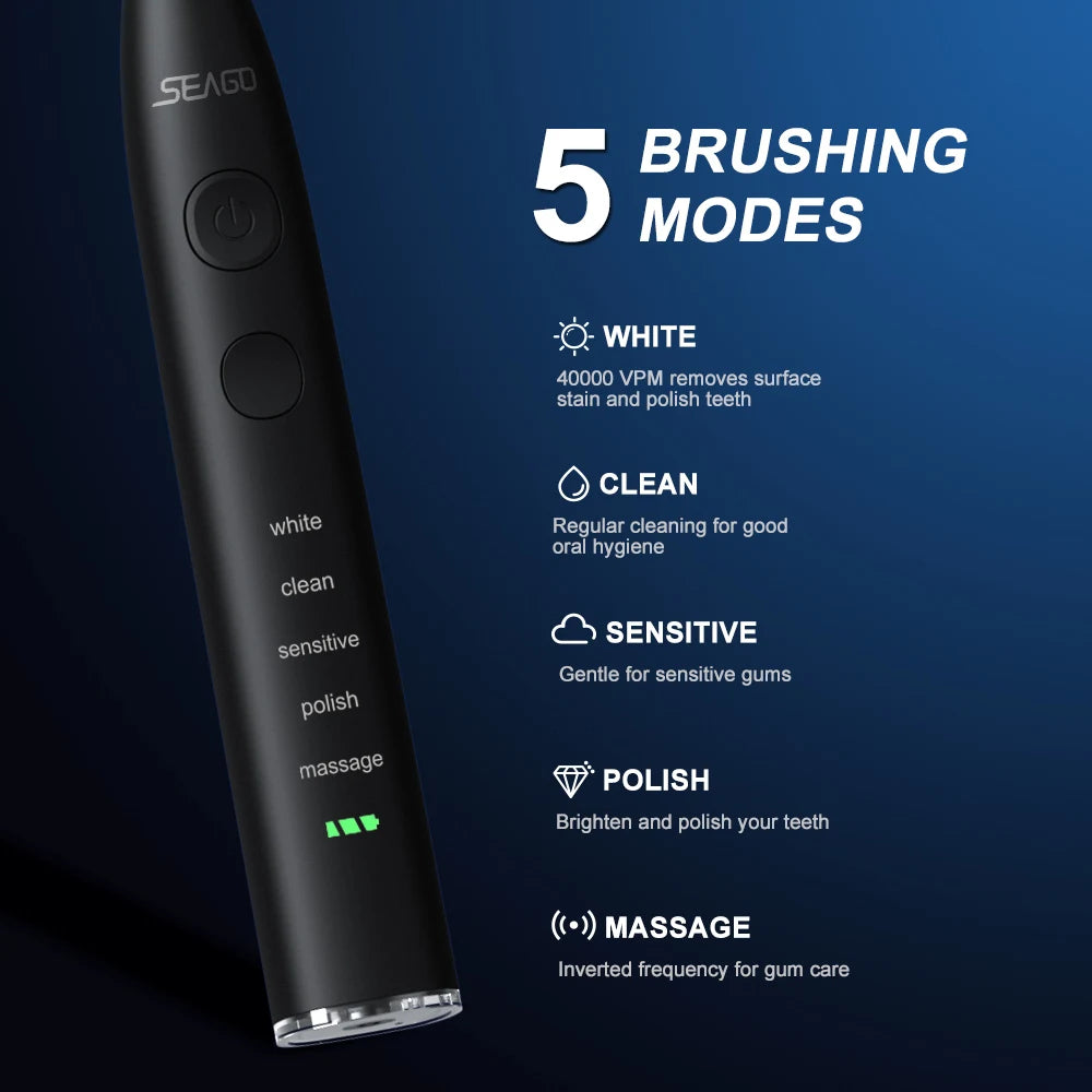 Electric Toothbrush USB Rechargeable Adult 360 Days Long Battery Life IPX7 4 Replacement Heads Travel Box SG-575